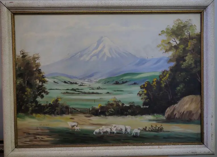 E.H. (Initials) - Mount Egmont in Spring Pastoral Scene Image 1++