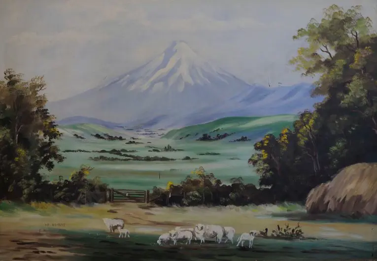 E.H. (Initials) - Mount Egmont in Spring Pastoral Scene Image 1++