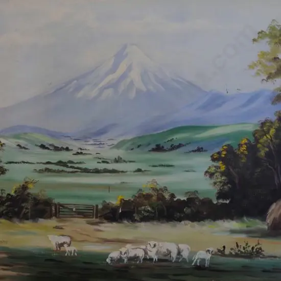 E.H. (Initials) - Mount Egmont in Spring Pastoral Scene