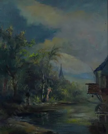 RYN, L.K. (19th Cent.) - Watermill on River outside Town Image 1++