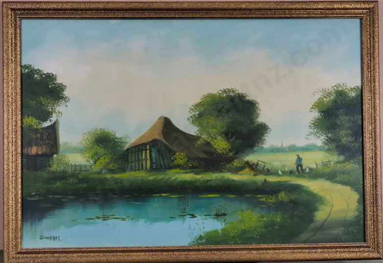 ZUSTERS (20th Cent.) - Rustic Scene with Home & Pond Image 1++