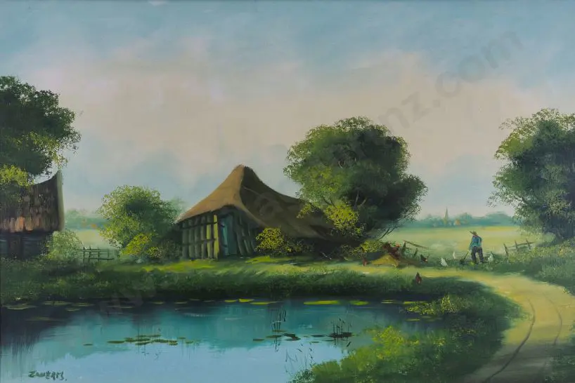 ZUSTERS (20th Cent.) - Rustic Scene with Home & Pond Image 1++