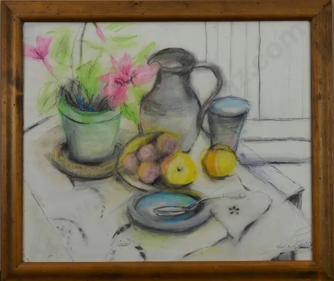 LINDSAY, Huia W. (1905-?) - Still Life - Flowers & Fruit on Table Image 1++