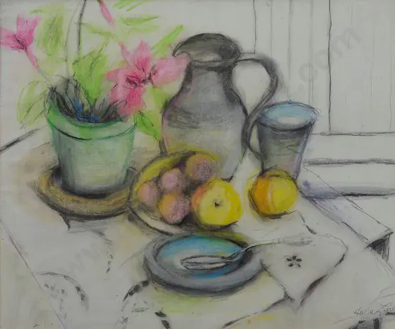 LINDSAY, Huia W. (1905-?) - Still Life - Flowers & Fruit on Table Image 1++