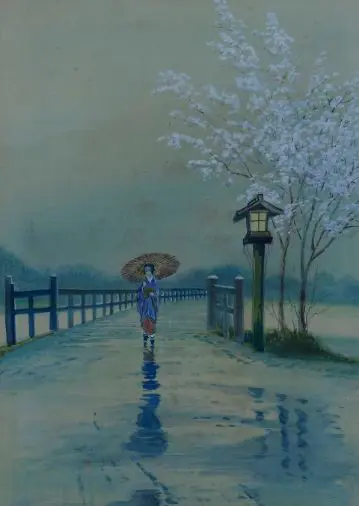 UNKNOWN Artist (A12) - Japanese Geisha crossing Walkway Image 1++