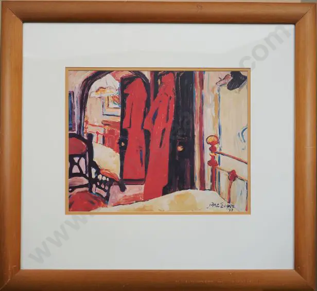 EVANS, Jane (1946-) - Home Interior with Red Coat on Door - Framed Image 1++