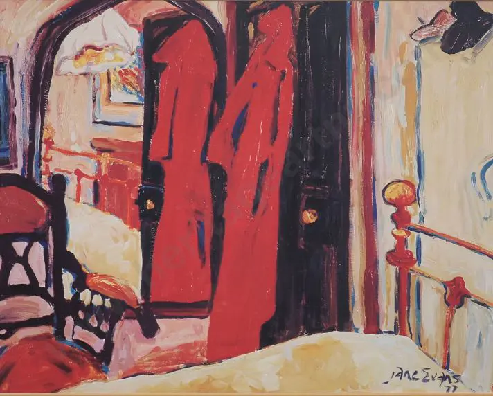 EVANS, Jane (1946-) - Home Interior with Red Coat on Door - Framed Image 1++