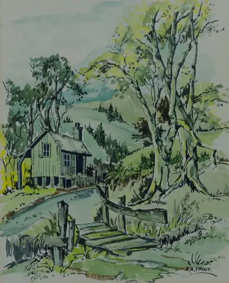 PROUT, Anthony A. (1946-) - Cottage in Hilly Landscape Image 1++