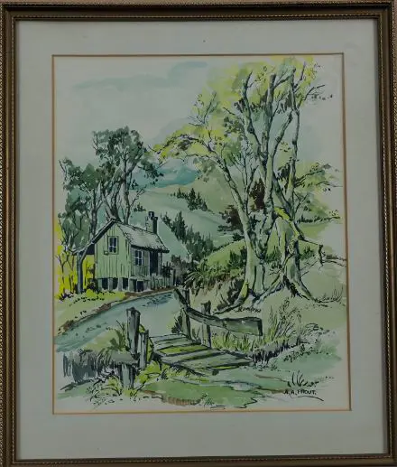 PROUT, Anthony A. (1946-) - Cottage in Hilly Landscape Image 1++