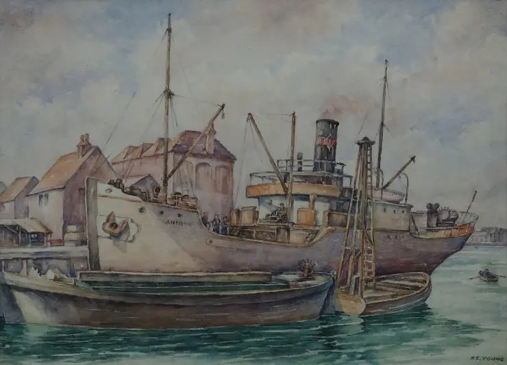 YOUNG, H.E. (20th Cent.) - Ship Annein at Dock 1929 Image 1++