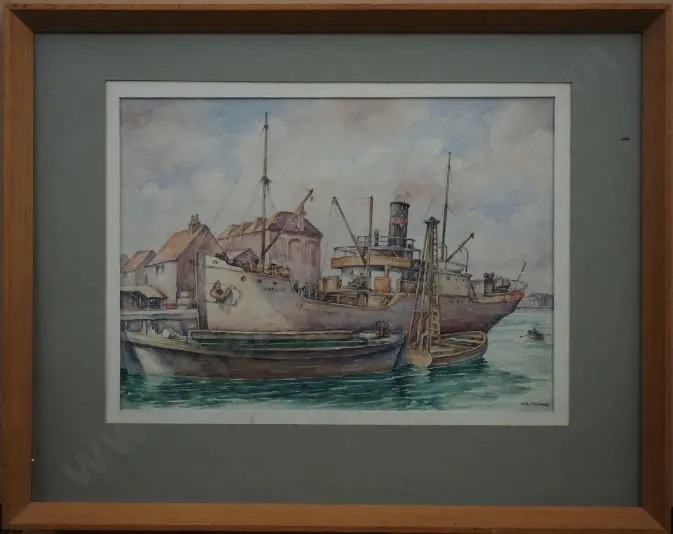YOUNG, H.E. (20th Cent.) - Ship Annein at Dock 1929 Image 1++