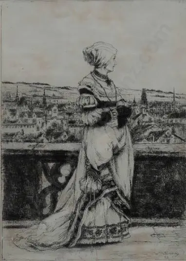 LINNIG, Willem (1842-1890) - Woman on Balcony - 19th Century print Image 1++