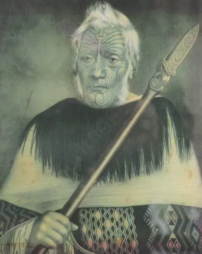 UNKNOWN Artist (A59) - Maori Chief holding Taiaha Image 1++