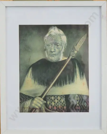 UNKNOWN Artist (A59) - Maori Chief holding Taiaha Image 1++