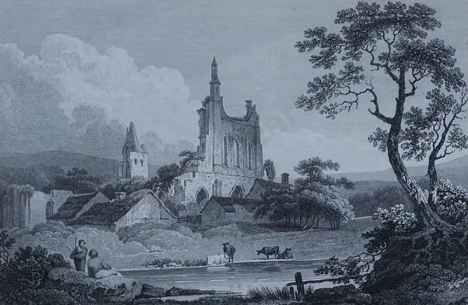 RUINED CASTLE with Cattle (19th Cent.) - Ruined Castle showing Cattle & Persons by River Image 1++