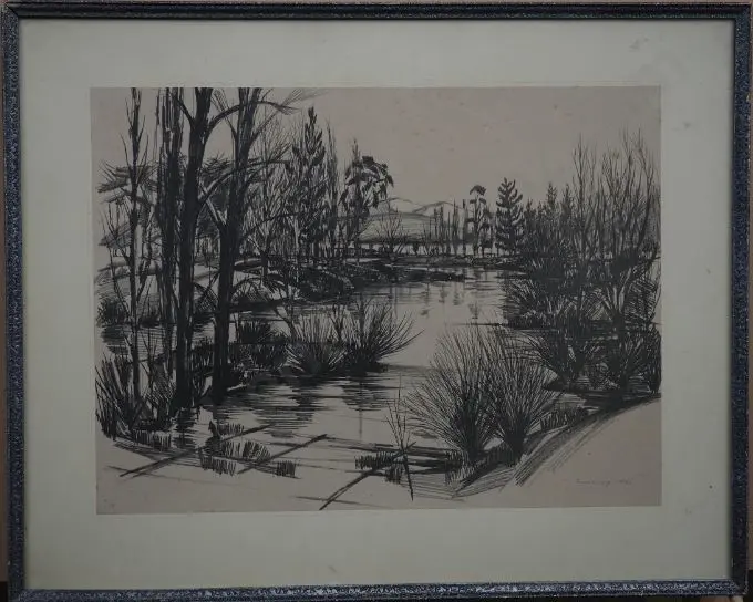 DRAWBRIDGE, John (1930-2005) - Rural Scene - Trees, Stream, Hills Image 1++