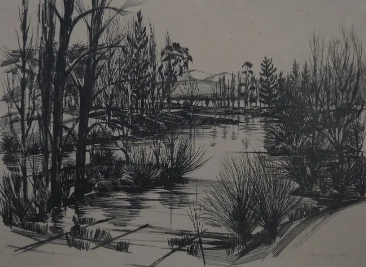 DRAWBRIDGE, John (1930-2005) - Rural Scene - Trees, Stream, Hills Image 1++