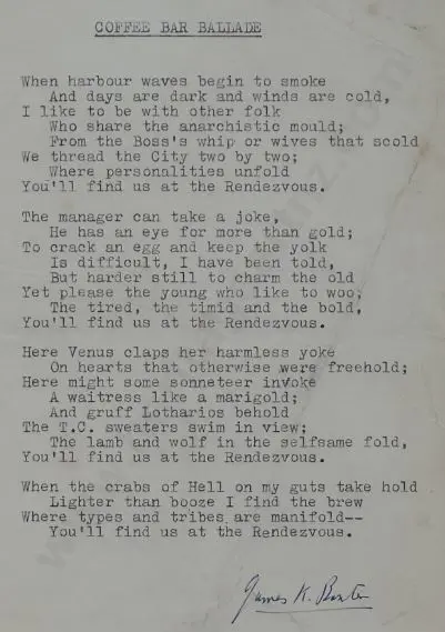 BAXTER, James K. (1926-1972) - Unpublished, signed poem - "Coffee Bar Ballade" Image 1++