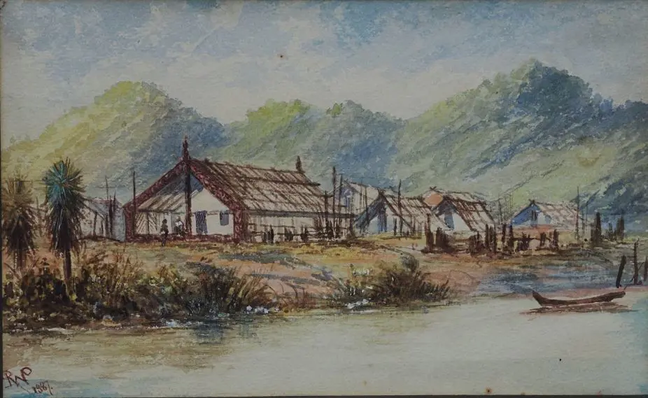 POWNALL, Robert (1839-1889) - Whare and Settlment on Whanganui River 1887 Image 1++