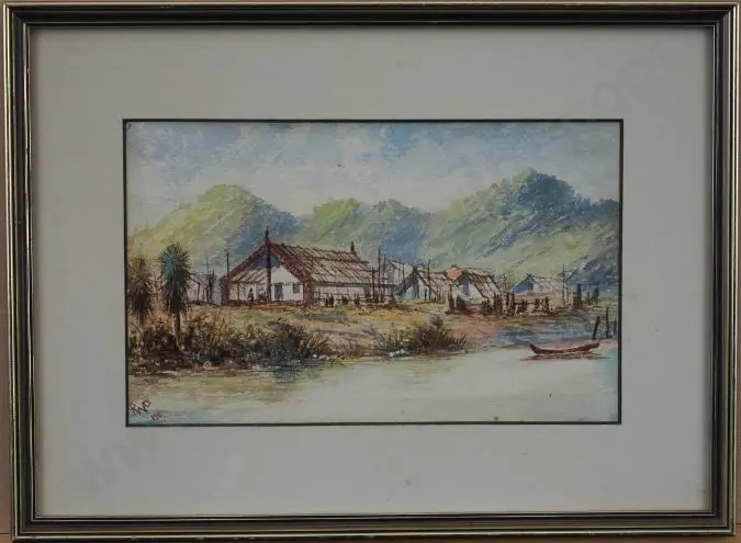 POWNALL, Robert (1839-1889) - Whare and Settlment on Whanganui River 1887 Image 1++