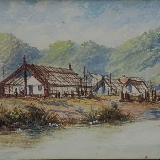 POWNALL, Robert (1839-1889) - Whare and Settlment on Whanganui River 1887