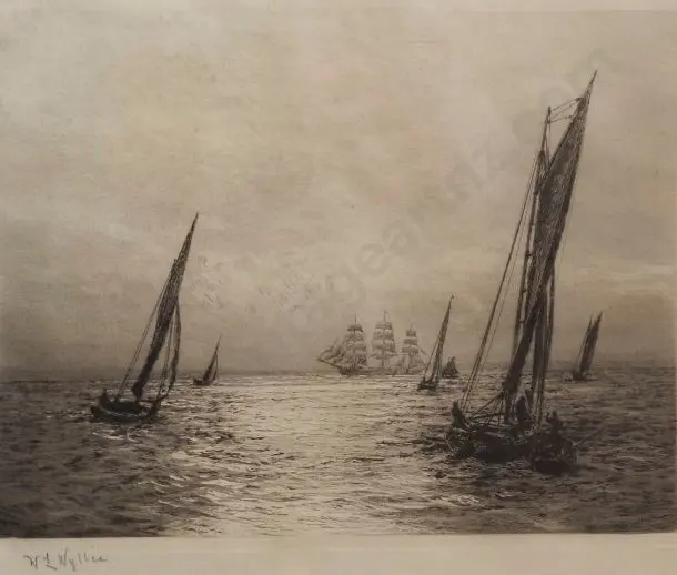 WYLLIE, William Lionel (1851-1931) - Yachts at Sea with Large Sailing Ship Image 1++