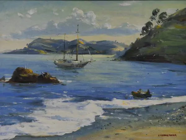 PORTER, Emerson (20th Cent.) - Yacht anchored in Bay Image 1++