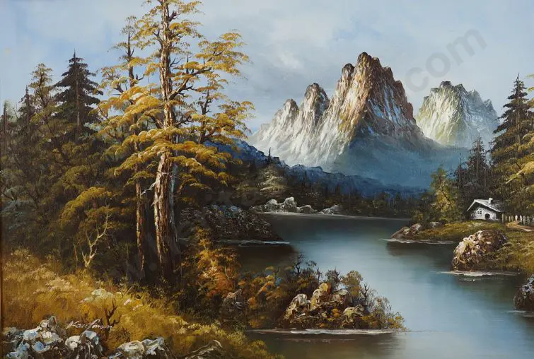 UNKNOWN - Mountain Scene, River and Cabin Image 1++