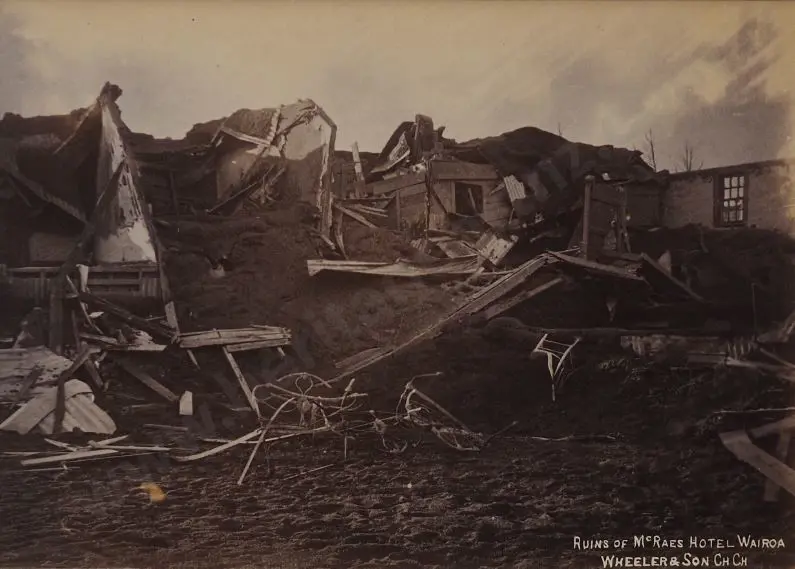 WHEELER & SON, Photographers - Tarawera Eruption -Ruins of McCrae's Hotel - Wairoa Image 1++