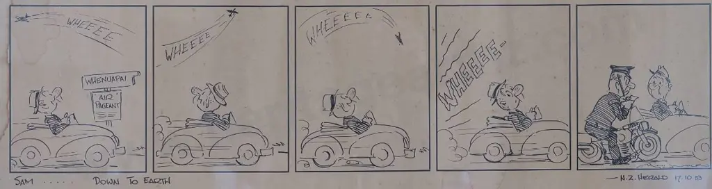 MINHINNICK, Sir Gordon (1902-1992) - "Down to Earth" - Original Sam cartoon NZ Herald 1953 Image 1++