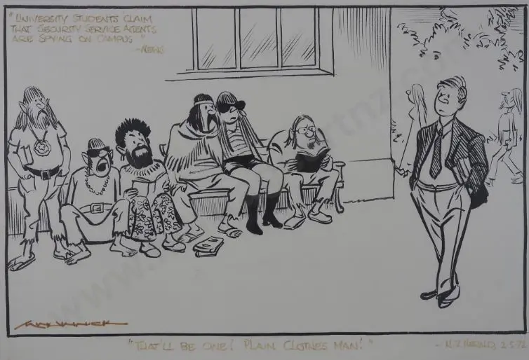 MINHINNICK, Sir Gordon (1902-1992) - "That 'll be One - Plain Clothes Man" - Original Cartoon NZ Herald 1972 Image 1++