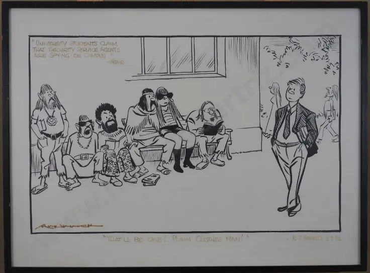 MINHINNICK, Sir Gordon (1902-1992) - "That 'll be One - Plain Clothes Man" - Original Cartoon NZ Herald 1972 Image 1++