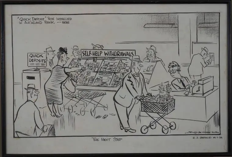 MINHINNICK, Sir Gordon (1902-1992) - "The Next Step" - Original Cartoon NZ Herald 1954 Image 1++