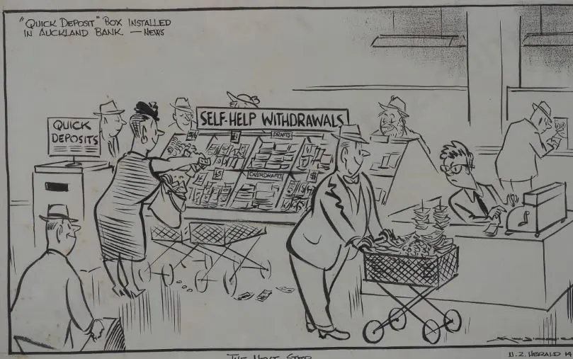 MINHINNICK, Sir Gordon (1902-1992) - "The Next Step" - Original Cartoon NZ Herald 1954 Image 1++