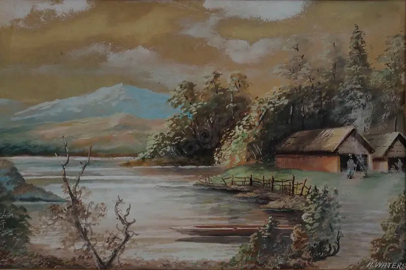 WATERS, H. (19th Cent.) - Whares on Edge of Lake with Canoe Image 1++