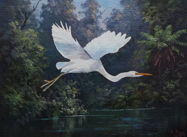 PAPPS, Ernest (1929-) - White Heron flying over River Image 1++