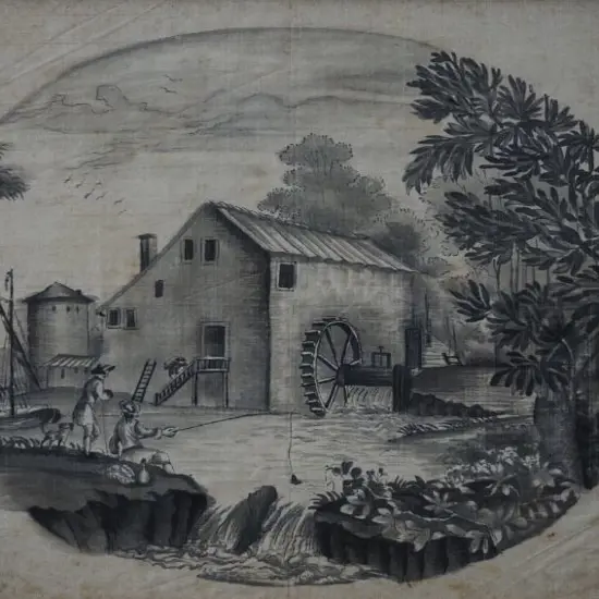 MASON, Katherine (18th Cent.) - Watermill with Fisherman