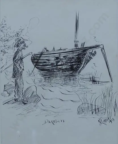 LINDSAY, Norman (1879-1969) - Derelicts (A Tramp in front of a Sunken Boat) Image 1++