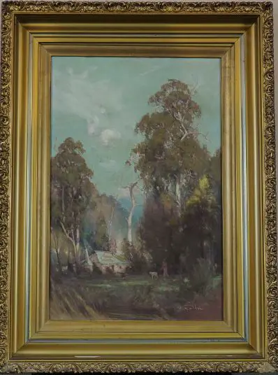 GHEE, Robert Edgar Taylor 1869-1951) - Australia - Gum Trees with Settler's Home Image 1++