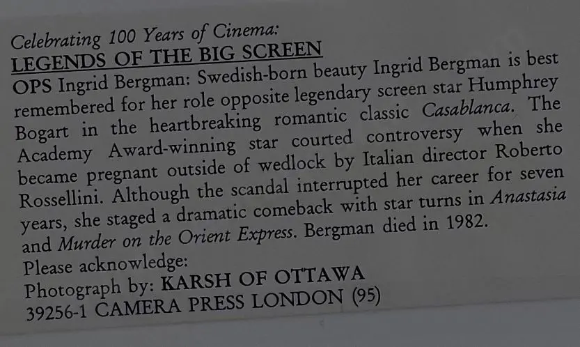 BERGMAN, Ingrid (1915-1982) - Photo by Karsh of Ottawa Image 1++