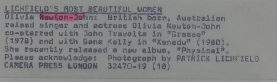 LICHFIELD, Patrick (Lord) - Olivia Newton-John, Actress Image 1++