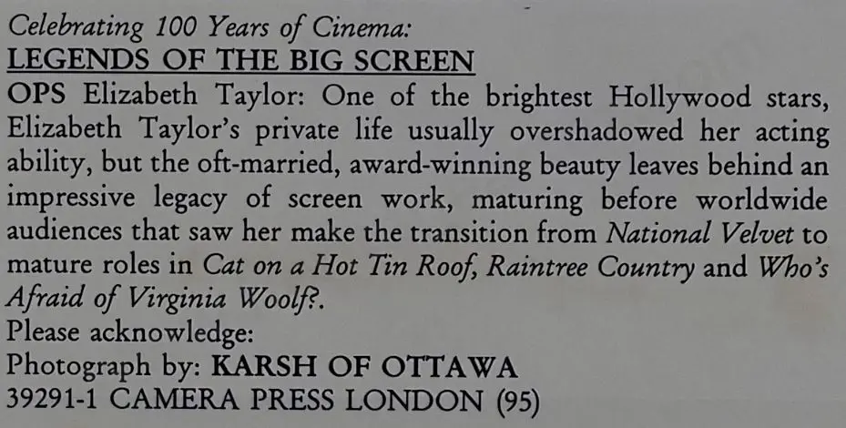 TAYLOR, Elizabeth (1932-2011) - Photo by Karsh of Ottawa Image 1++