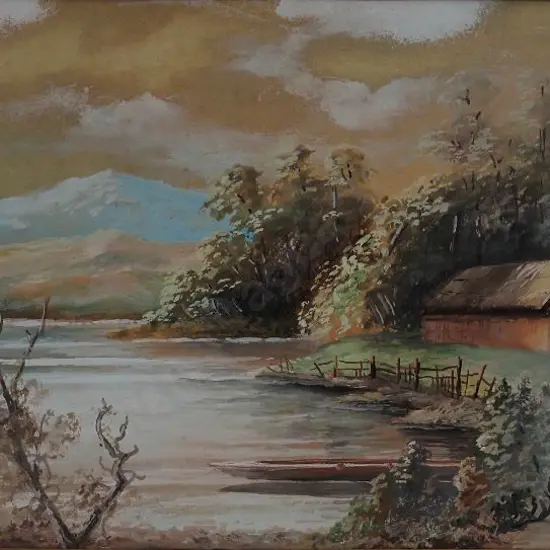 WATERS, H. (19th Cent.) - Whares on Edge of Lake with Canoe