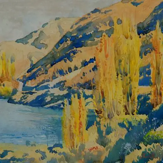 FLYNN, Martha - Hills Descending to Lake with Poplar Trees in Autumn