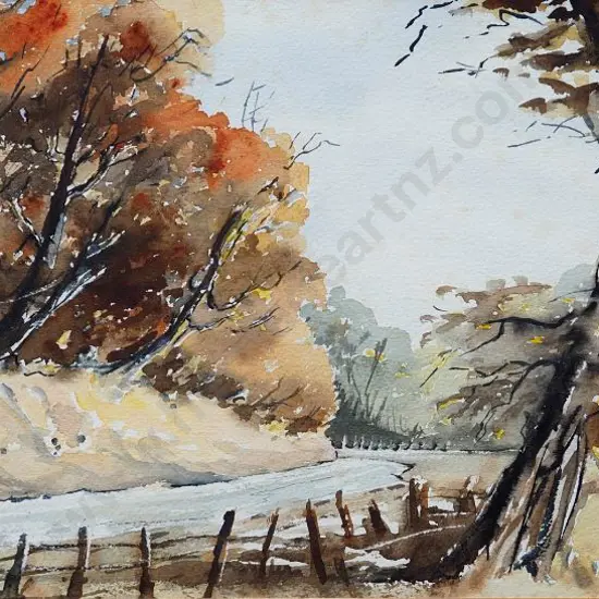 HAY, Shane (c.1970-1980) - Autumn Road with Trees, Fence and Field