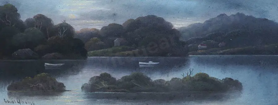 YOUNG, Charles (Active Late 19th Cent.) - Moonlight on Shoal Bay, Auckland Harbour (1923) Image 1++