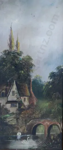 WILSON, T.A. (Active early 20th Cent.) - Two Swans and a Cottage Image 1++