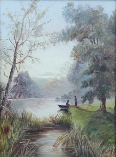 UNKNOWN Artist - Couple in Lake Scene with Reeds Image 1++