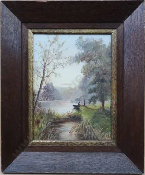 UNKNOWN Artist - Couple in Lake Scene with Reeds Image 1++