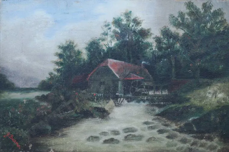 BURNS, J. - Cottage with Watermill and Stream Image 1++